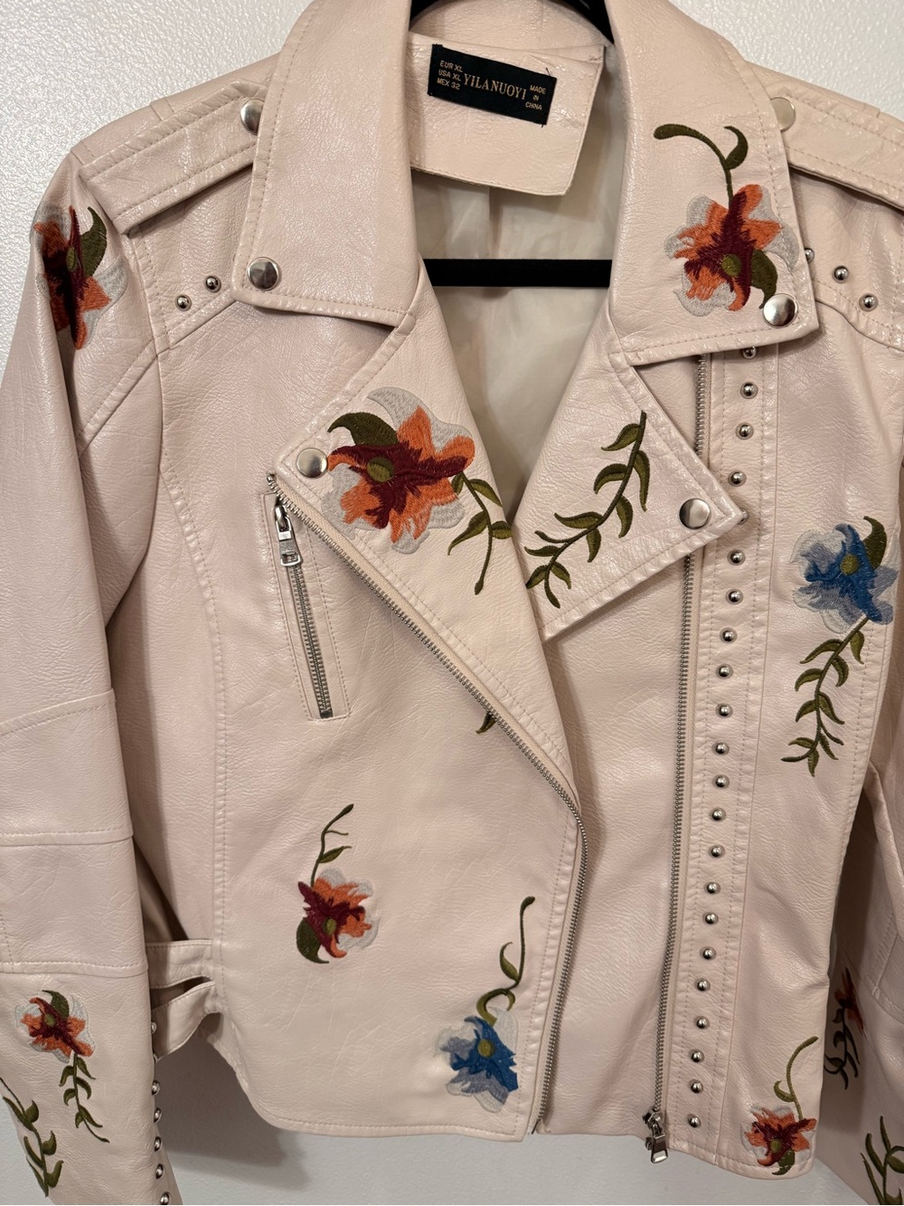 Embroidered Beige Faux-Leather Jacket - Picture 2 of 6